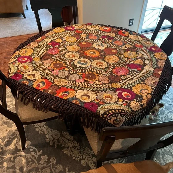 *RARE*Pottery Barn•Embroidered Fringed Tablecloth - Picture 1 of 8